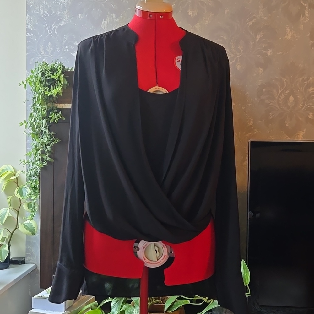 BCBGMAXAZRIA Black Draped Long Sleeve Blouse
